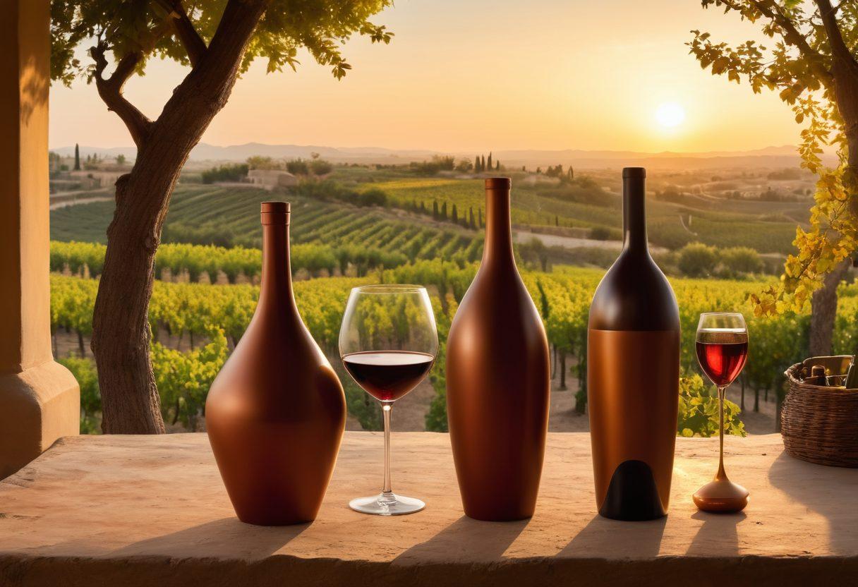 A rich scene depicting a fusion of traditional and modern wine culture in the Middle East, featuring ancient, beautifully designed clay amphorae next to sleek, contemporary wine bottles. In the background, a bustling vineyard transitions into an upscale wine tasting room filled with diverse people enjoying wine. The setting captures the sunset casting golden hues over the landscape, symbolizing the blend of history and innovation. super-realistic. warm colors. vibrant atmosphere.
