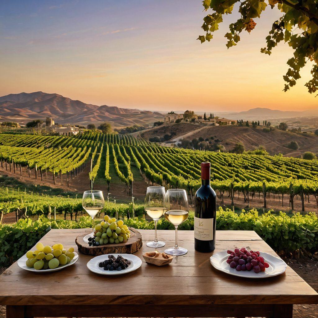A scenic vineyard in the Arab world at sunset, with lush grapevines and rolling hills leading to a rustic tasting table adorned with elegant wine glasses and a selection of premium wines. Include hints of traditional Arab architecture in the background, along with guests enjoying a wine tasting experience. The atmosphere should be warm and inviting, capturing the essence of rich culture and fine wines. super-realistic. vibrant colors.