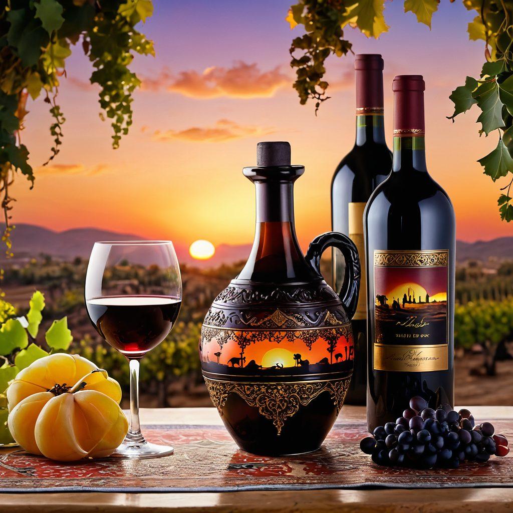 A beautifully arranged Middle Eastern vineyard, showcasing lush grapevines under a warm sunset. In the foreground, a traditional clay wine jug spills rich red wine into a crystal glass, while ornate Middle Eastern patterns decorate the background. Add elements of diverse people enjoying wine together, embodying the culture. super-realistic. vibrant colors. warm atmosphere.